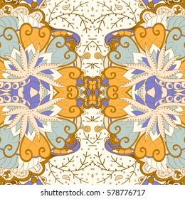 Tracery seamless calming pattern. Mehndi design. Ethnic colorful doodle texture. Curved doodling background. Vector.