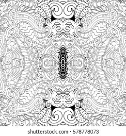 Tracery seamless calming pattern. Mehndi design. Ethnic monochrome binary doodle texture. Curved doodling black and white background. Vector.