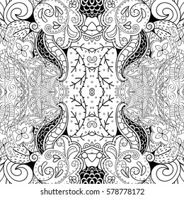 Tracery seamless calming pattern. Mehndi design. Ethnic monochrome binary doodle texture. Curved doodling black and white background. Vector.