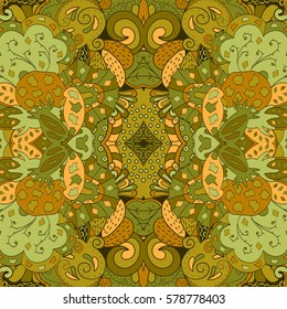 Tracery seamless calming pattern. Mehndi design. Ethnic colorful doodle texture. Curved doodling background. Vector.