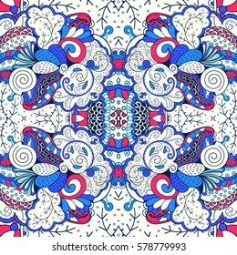 Tracery seamless calming pattern. Mehndi design. Ethnic colorful doodle texture. Curved doodling background. Vector.