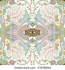 Tracery seamless calming pattern. Mehndi design. Ethnic colorful doodle texture. Curved doodling background. Vector.