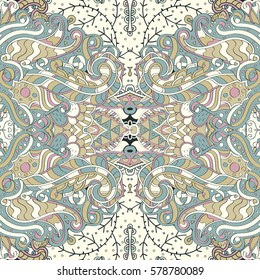 Tracery seamless calming pattern. Mehndi design. Ethnic colorful doodle texture. Curved doodling background. Vector.