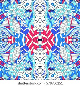 Tracery seamless calming pattern. Mehndi design. Ethnic colorful doodle texture. Curved doodling background. Vector.