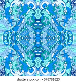 Tracery seamless calming pattern. Mehndi design. Ethnic colorful doodle texture. Curved doodling background. Vector.