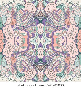 Tracery seamless calming pattern. Mehndi design. Ethnic colorful doodle texture. Curved doodling background. Vector.