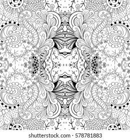 Tracery seamless calming pattern. Mehndi design. Ethnic monochrome binary doodle texture. Curved doodling black and white background. Vector.