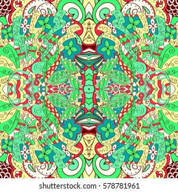 Tracery seamless calming pattern. Mehndi design. Ethnic colorful doodle texture. Curved doodling background. Vector.