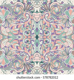 Tracery seamless calming pattern. Mehndi design. Ethnic colorful doodle texture. Curved doodling background. Vector.