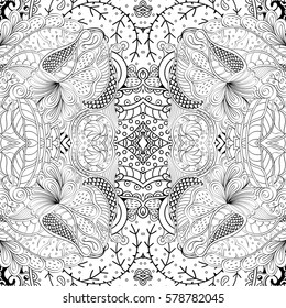 Tracery seamless calming pattern. Mehndi design. Ethnic monochrome binary doodle texture. Curved doodling black and white background. Vector.