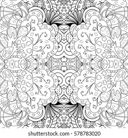 Tracery seamless calming pattern. Mehndi design. Ethnic monochrome binary doodle texture. Curved doodling black and white background. Vector.