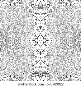 Tracery seamless calming pattern. Mehndi design. Ethnic monochrome binary doodle texture. Curved doodling black and white background. Vector.