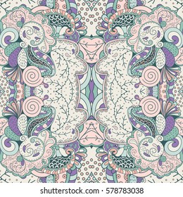 Tracery seamless calming pattern. Mehndi design. Ethnic colorful doodle texture. Curved doodling background. Vector.