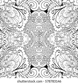 Tracery seamless calming pattern. Mehndi design. Ethnic monochrome binary doodle texture. Curved doodling black and white background. Vector.