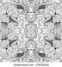 Tracery seamless calming pattern. Mehndi design. Ethnic monochrome binary doodle texture. Curved doodling black and white background. Vector.