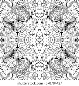 Tracery seamless calming pattern. Mehndi design. Ethnic monochrome binary doodle texture. Curved doodling black and white background. Vector.