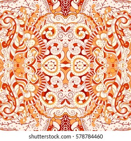 Tracery seamless calming pattern. Mehndi design. Ethnic colorful doodle texture. Curved doodling background. Vector.
