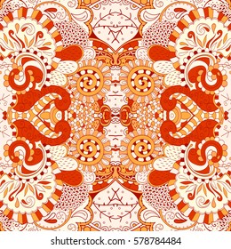 Tracery seamless calming pattern. Mehndi design. Ethnic colorful doodle texture. Curved doodling background. Vector.