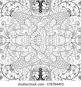 Tracery seamless calming pattern. Mehndi design. Ethnic monochrome binary doodle texture. Curved doodling black and white background. Vector.