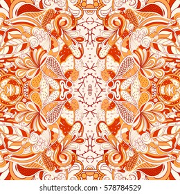 Tracery seamless calming pattern. Mehndi design. Ethnic colorful doodle texture. Curved doodling background. Vector.