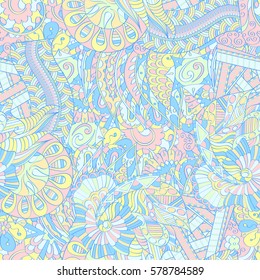 Tracery seamless calming pattern. Mehndi design. Ethnic colorful doodle texture. Curved doodling background. Vector.