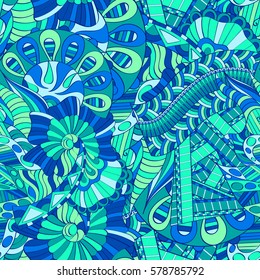 Tracery seamless calming pattern. Mehndi design. Ethnic colorful doodle texture. Curved doodling background. Vector.