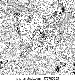 Tracery seamless calming pattern. Mehndi design. Ethnic monochrome binary doodle texture. Curved doodling black and white background. Vector.