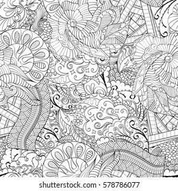 Tracery seamless calming pattern. Mehndi design. Ethnic monochrome binary doodle texture. Curved doodling black and white background. Vector.