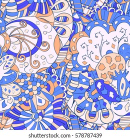 Tracery seamless calming pattern. Mehndi design. Ethnic colorful doodle texture. Curved doodling background. Vector.