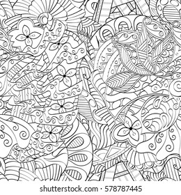 Tracery seamless calming pattern. Mehndi design. Ethnic monochrome binary doodle texture. Curved doodling black and white background. Vector.