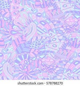 Tracery seamless calming pattern. Mehndi design. Ethnic colorful doodle texture. Curved doodling background. Vector.