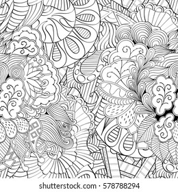 Tracery seamless calming pattern. Mehndi design. Ethnic monochrome binary doodle texture. Curved doodling black and white background. Vector.