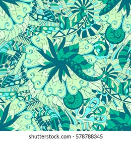 Tracery seamless calming pattern. Mehndi design. Ethnic colorful doodle texture. Curved doodling background. Vector.