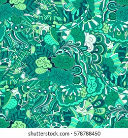 Tracery seamless calming pattern. Mehndi design. Ethnic colorful doodle texture. Curved doodling background. Vector.