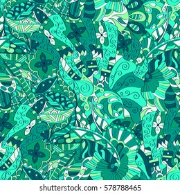 Tracery seamless calming pattern. Mehndi design. Ethnic colorful doodle texture. Curved doodling background. Vector.