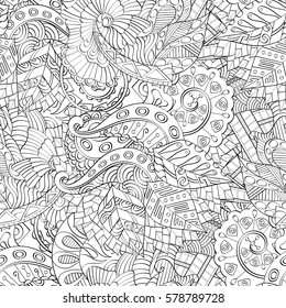 Tracery seamless calming pattern. Mehndi design. Ethnic monochrome binary doodle texture. Curved doodling black and white background. Vector.