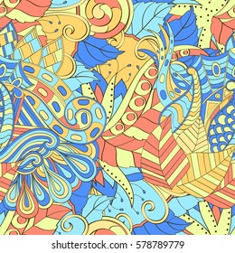 Tracery seamless calming pattern. Mehndi design. Ethnic colorful doodle texture. Curved doodling background. Vector.