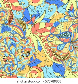 Tracery seamless calming pattern. Mehndi design. Ethnic colorful doodle texture. Curved doodling background. Vector.