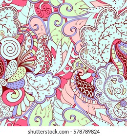 Tracery seamless calming pattern. Mehndi design. Ethnic colorful doodle texture. Curved doodling background. Vector.