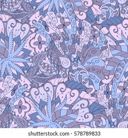 Tracery seamless calming pattern. Mehndi design. Ethnic colorful doodle texture. Curved doodling background. Vector.