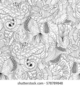 Tracery seamless calming pattern. Mehndi design. Ethnic monochrome binary doodle texture. Curved doodling black and white background. Vector.