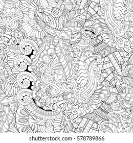 Tracery seamless calming pattern. Mehndi design. Ethnic monochrome binary doodle texture. Curved doodling black and white background. Vector.