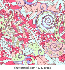Tracery seamless calming pattern. Mehndi design. Ethnic colorful doodle texture. Curved doodling background. Vector.