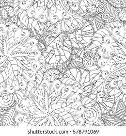 Tracery seamless calming pattern. Mehndi design. Ethnic monochrome binary doodle texture. Curved doodling black and white background. Vector.