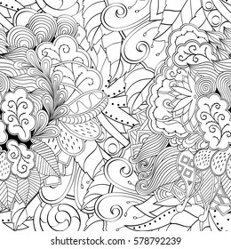 Tracery seamless calming pattern. Mehndi design. Ethnic monochrome binary doodle texture. Curved doodling black and white background. Vector.