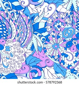 Tracery seamless calming pattern. Mehndi design. Ethnic colorful doodle texture. Curved doodling background. Vector.