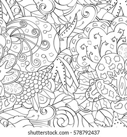 Tracery seamless calming pattern. Mehndi design. Ethnic monochrome binary doodle texture. Curved doodling black and white background. Vector.