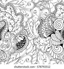 Tracery seamless calming pattern. Mehndi design. Ethnic monochrome binary doodle texture. Curved doodling black and white background. Vector.