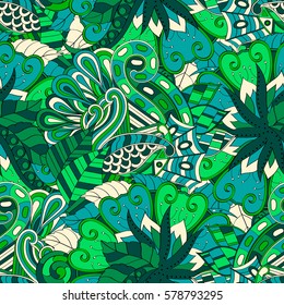 Tracery seamless calming pattern. Mehndi design. Ethnic colorful doodle texture. Curved doodling background. Vector.