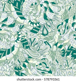 Tracery seamless calming pattern. Mehndi design. Ethnic colorful doodle texture. Curved doodling background. Vector.